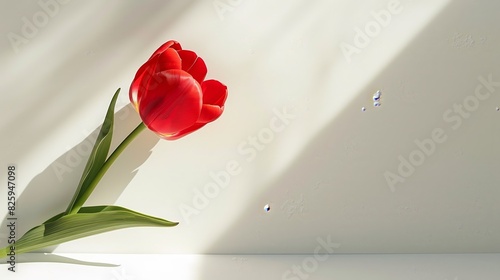 A closeup shot of a red tulip blossom against a wh 69 photo