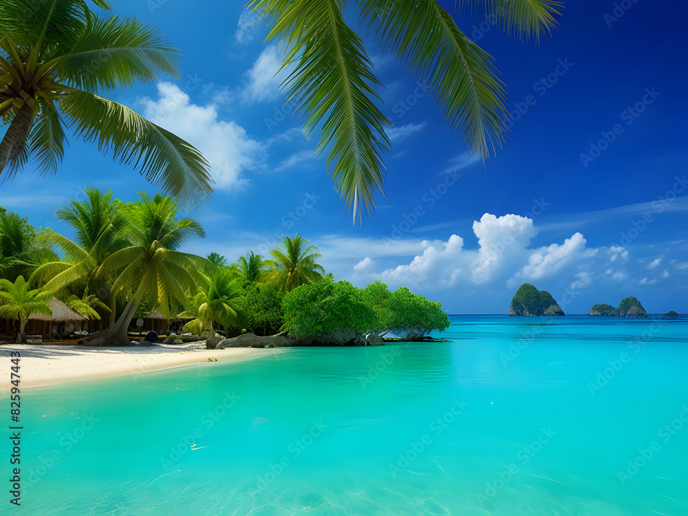 Palm trees, clouds, paradise in the sea, and a view of relaxation Palm trees, clouds, paradise in the sea, and a view of relaxation