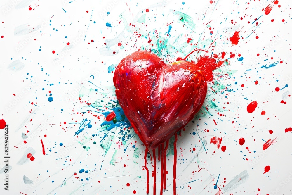 Red Heart Splattered With Paint On White Background