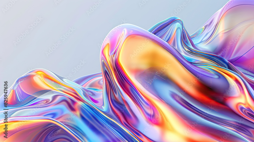 Abstract Transparent glossy glass ribbon on water. Holographic in nature landscape. curved wave in motion. Iridescent Abstract Transparent glossy glass ribbon on water. Holographic in nature landscape. curved wave in motion. Iridescent