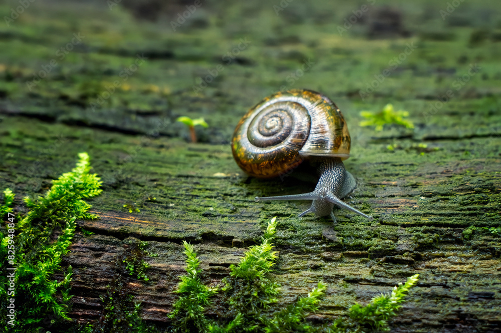 Trichia striolata or Strawberry snail on a mossy dead tree. Trichia striolata or Strawberry snail on a mossy dead tree.
