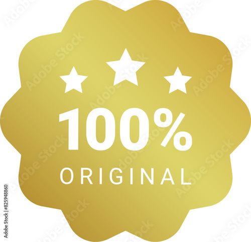 100 percent original product gold label sign. Round wavy premium quality product guarantee logo with stars. Vector golden badge, rubber seal stamp symbol for sticker, logo, certificate.