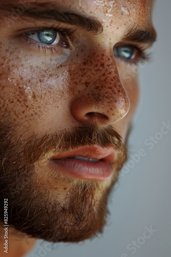 Close-up portrait of a young man with freckled hair and striking blue eyes