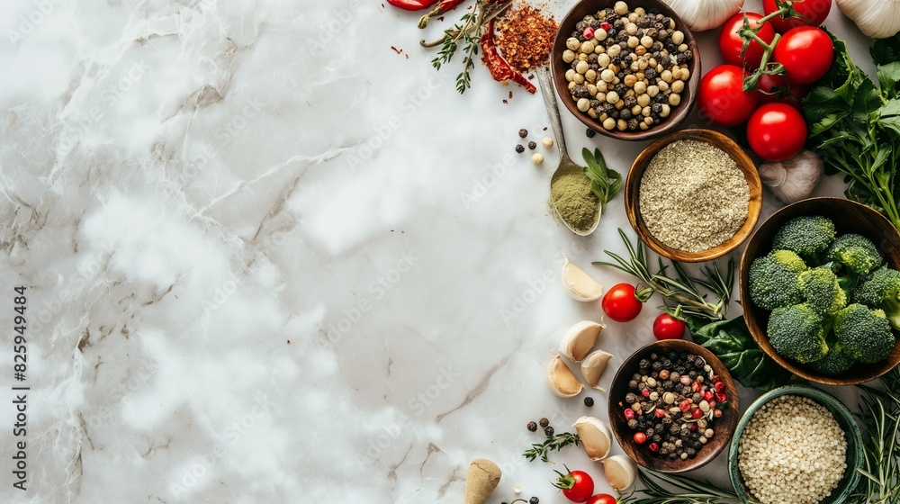 Assorted Spices and Vegetables on Marble Backgroun Assorted Spices and Vegetables on Marble Backgroun