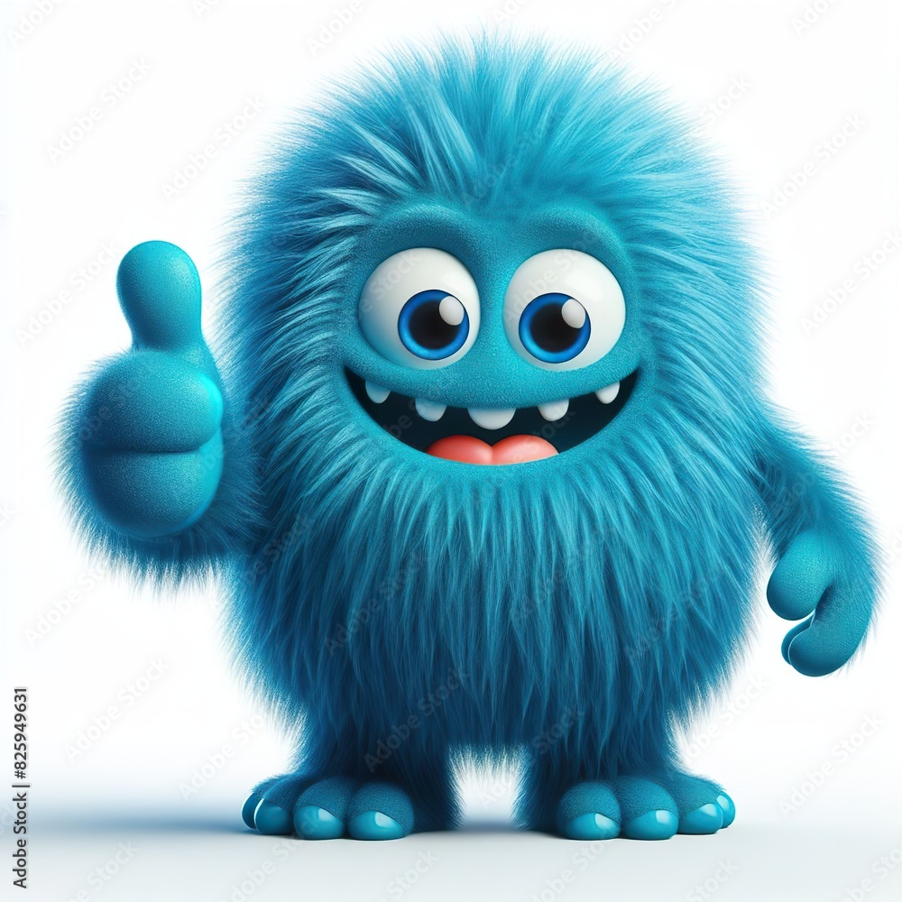 Blue monster that is Very very soft and fuzzy. giving thumbs up, white background Blue monster that is Very very soft and fuzzy. giving thumbs up, white background