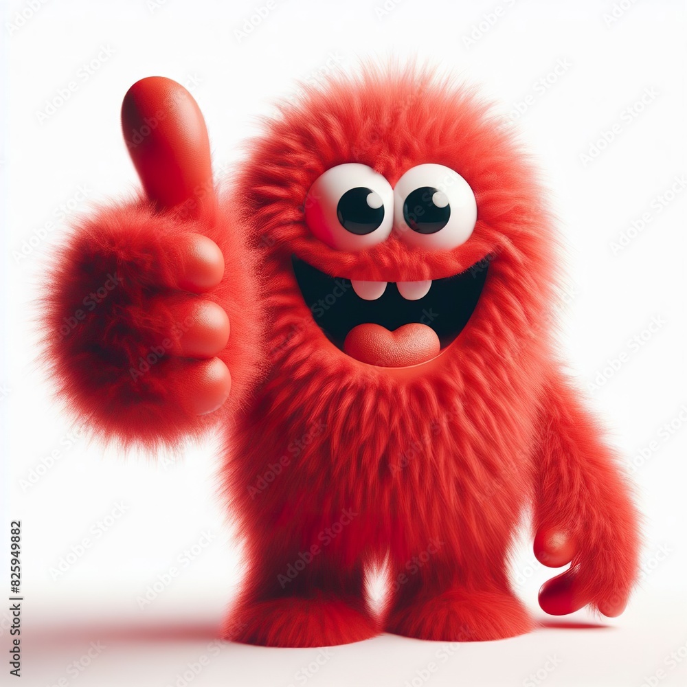 Red monster that is Very very soft and fuzzy. giving thumbs up, white background