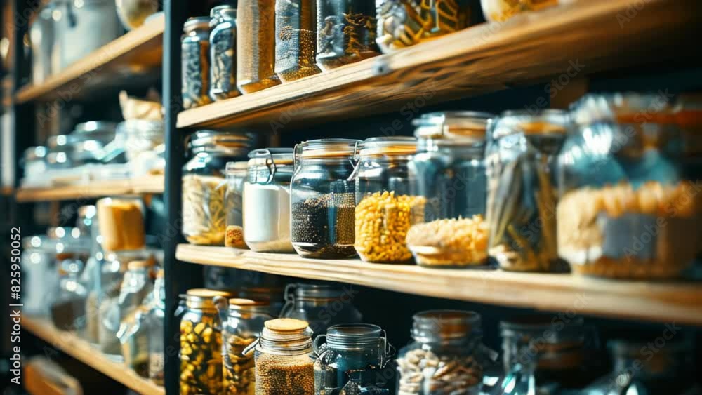 Glass jars and bottles on shelves, containing natural organic food ingredients Glass jars and bottles on shelves, containing natural organic food ingredients