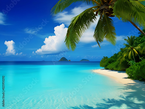 Palm trees, clouds, paradise in the sea, and a view of relaxation