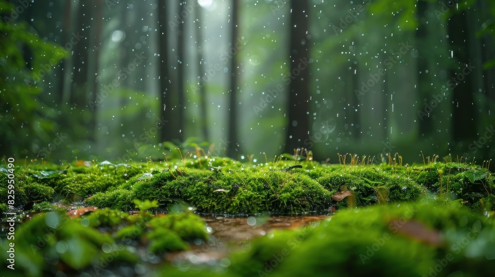 Fototapeta premium A peaceful forest glade with raindrops falling softly on moss-covered stones and fallen leaves