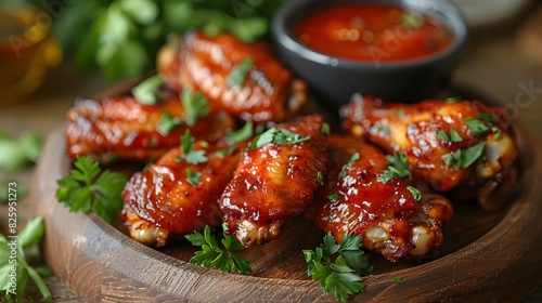 Succulent Fried Chicken Wings with Tangy Sauce in Closeup View photo