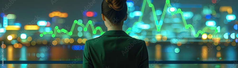 Businesswoman observing city skyline at night with financial data overlay, symbolizing stock market analysis and urban business growth.