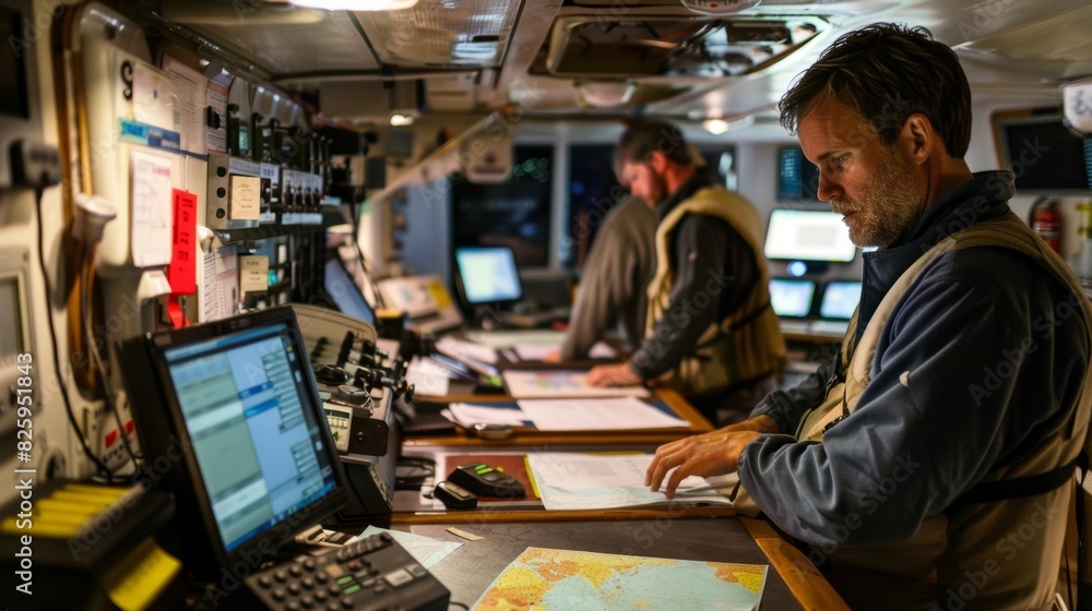 A crew of engineers and scientists aboard the vessel studying maps and data in the control room. A crew of engineers and scientists aboard the vessel studying maps and data in the control room.