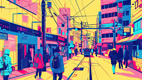 Vivid colorful illustrations of A japanese city  photo