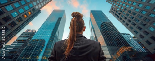 Professional woman gazing up at skyscrapers, symbolizing ambition and career growth in an urban business environment.