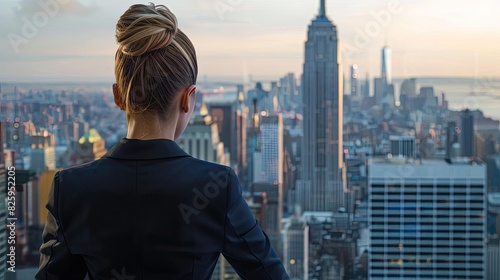 Businesswoman overlooking New York City skyline from high-rise office building during sunset, contemplating future opportunities.