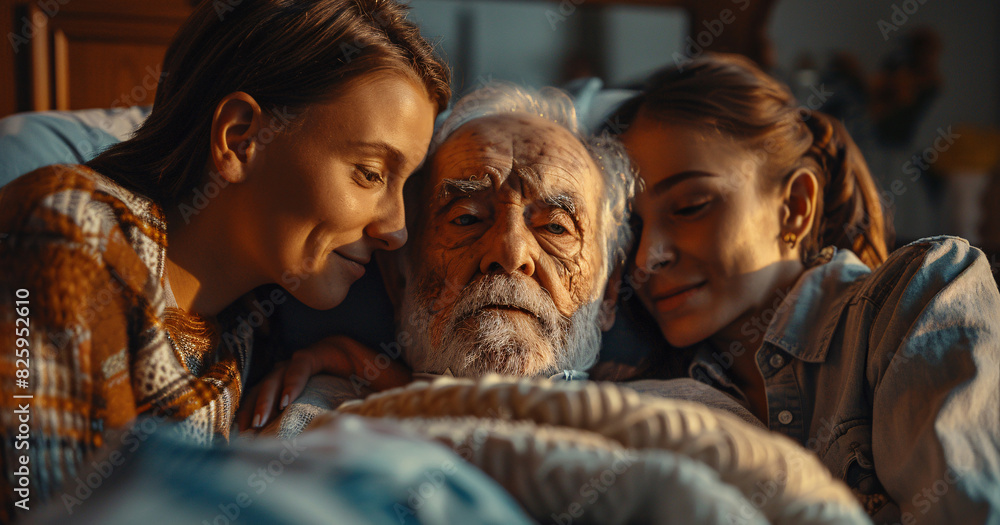 Daughters taking care of their gran father in the hospital Daughters taking care of their gran father in the hospital