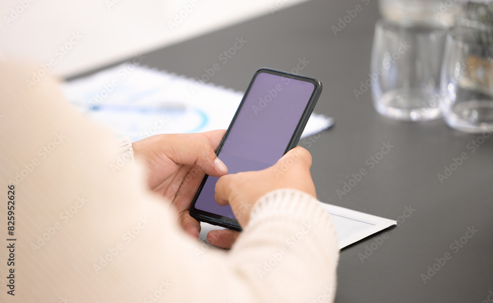 Phone screen, networking and hands of person in office for research, connectivity or scroll on website. Smartphone, data and consultant at desk with mobile app for erp, ux and mockup for business