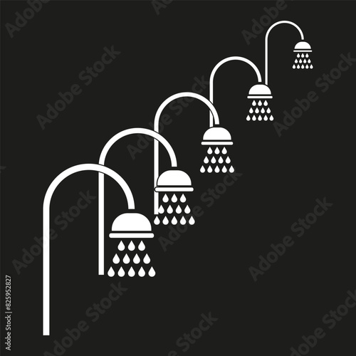 Sequential showerheads with water flow. Vector bathroom concept.