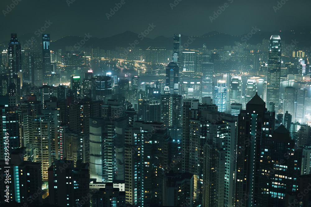 City Skyline at Night: Aerial View of Illuminated Skyscrapers