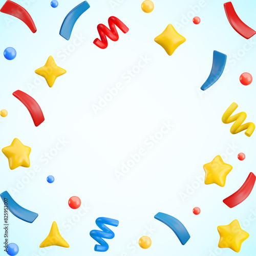 Vector 3d flying party confetti frame background. Colorful Realistic 3d poppers with star, bubbles, sparkles, serpentine spirals and ribbon on blue. Festive cartoon 3d render firecracker elements.