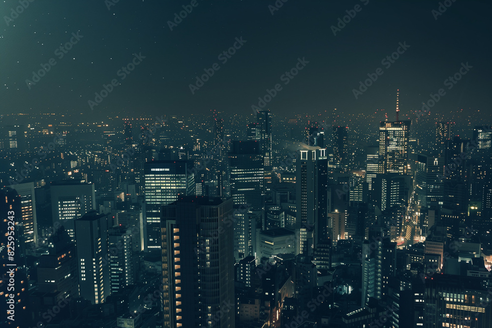 Fototapeta premium City Skyline at Night: Aerial View of Illuminated Skyscrapers