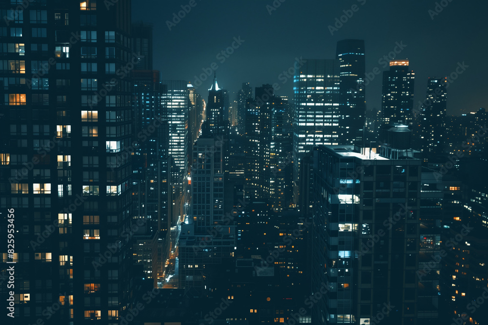 City Skyline at Night: Aerial View of Illuminated Skyscrapers City Skyline at Night: Aerial View of Illuminated Skyscrapers