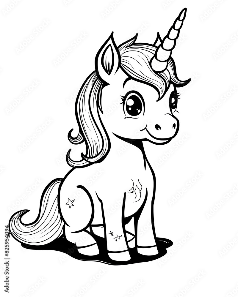 Cute and cheerful unicorn. Coloring book page.