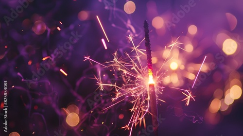 Colorful festive firework in summer party / silvester new year, isolated on dark purple texture, with copy space