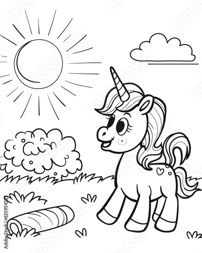 Cute and cheerful unicorn in forest. Coloring book page.