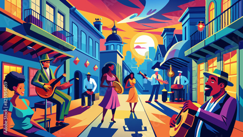 Vibrant Evening Jazz Scene in Colorful City