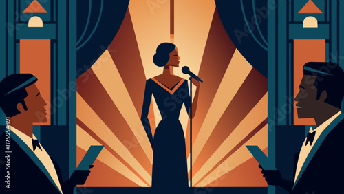 Elegant Jazz Singer Performing on Stage with Musicians in Vintage Club