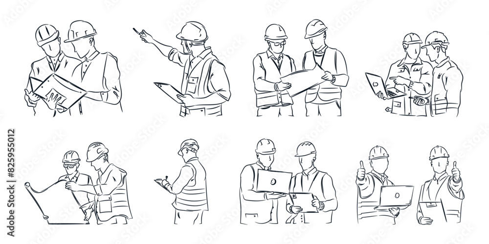 Collection of Engineers constraction working together with tools, hand drawn line drawing vector illustration