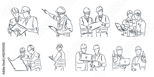 Collection of Engineers constraction working together with tools  hand drawn line drawing vector illustration