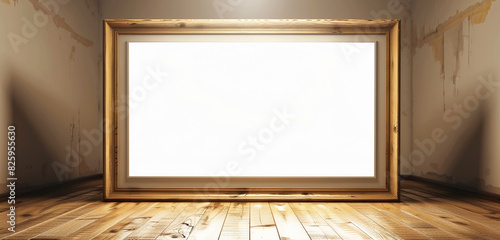 Elegant wooden frame with a tan light border in a room with wooden flooring.