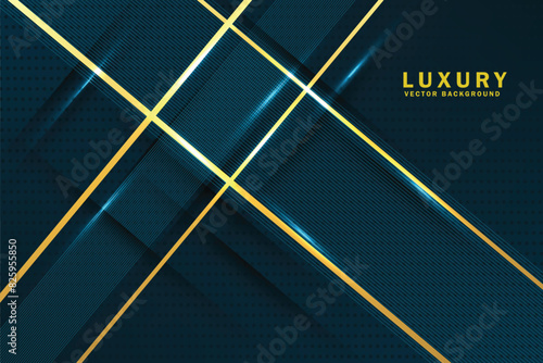 Abstract luxury dark green geometric diagonal overlay layer background with golden lines