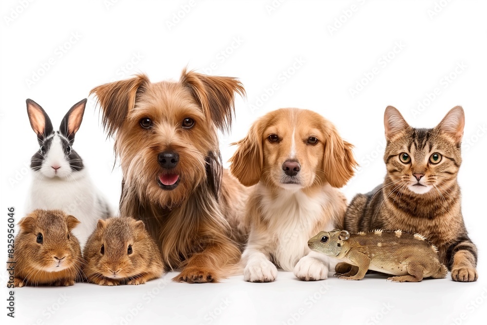Adorable furry pets sitting together, showcasing the love, joy, and happiness they bring to family life. Featuring cute dogs, cats and rabbits isolated against a white background. Space for copy. Adorable furry pets sitting together, showcasing the love, joy, and happiness they bring to family life. Featuring cute dogs, cats and rabbits isolated against a white background. Space for copy.