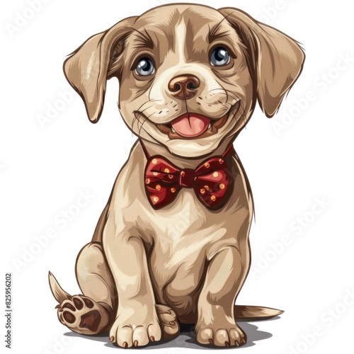 A cute dog with a red bowtie is sitting on a white background photo