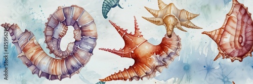 seahorse crabs background hand drawing shells watercolor isolated starfish pearl crab shell sea seashell beach collection white nature marin mollusc set ocean animal group star snail summer clam photo