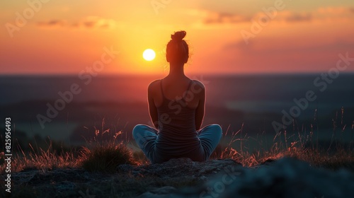 A woman sits cross-legged on a grassy hill, meditating as the sun sets, casting a warm glow over the serene landscape.