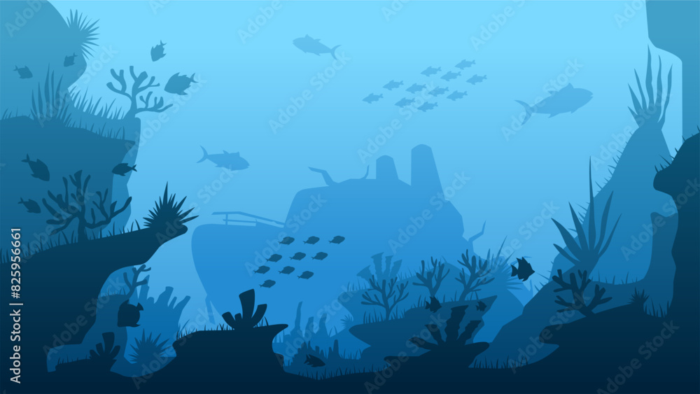 Fototapeta premium Landscape illustration of shipwreck in the deep sea with coral reefs