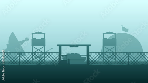 Landscape illustration of military base with tank and watchtower