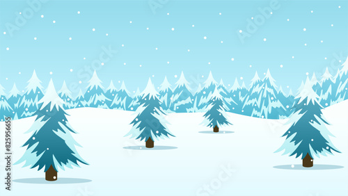 Landscape illustration of snowy pine forest in winter with snowfall