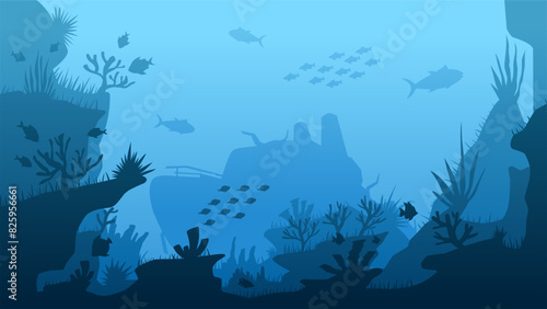 Landscape illustration of shipwreck in the deep sea with coral reefs