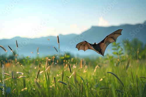 A bat flying over a serene meadow during the day, with a clear blue sky and distant mountains in the background photo