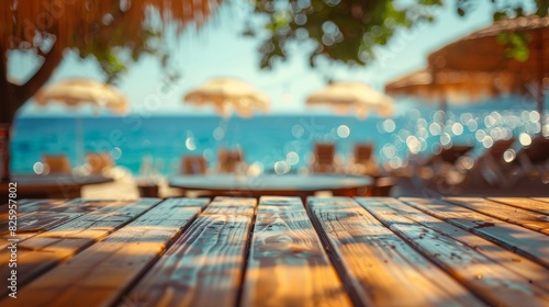 Polished wooden table, beach restaurant in bokeh, vibrant colors of summer decor, lively and relaxing scene