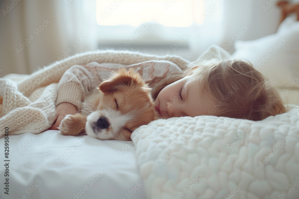 A child is sleeping with a small dog on a bed. Concept of warmth and comfort, as the child A child is sleeping with a small dog on a bed. Concept of warmth and comfort, as the child