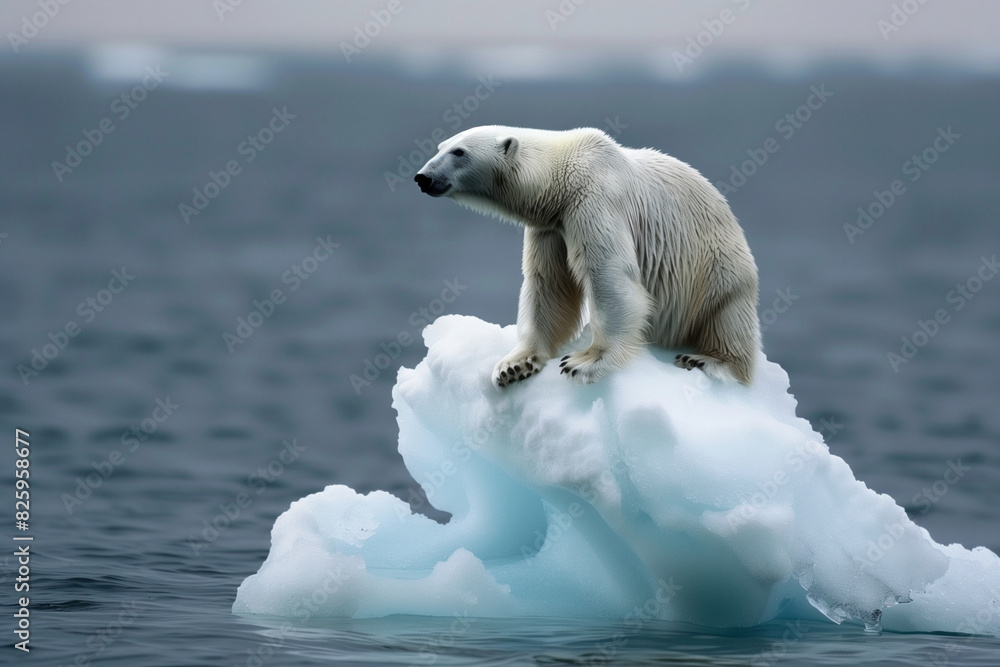 A polar bear is sitting on top of a large block of ice. The bear is looking out over the water, and the sky is clear and blue. Concept of isolation and loneliness A polar bear is sitting on top of a large block of ice. The bear is looking out over the water, and the sky is clear and blue. Concept of isolation and loneliness