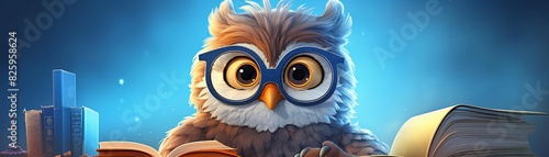 Bookish owl with glasses cartoon flat design side view knowledge theme cartoon drawing Tetradic color scheme