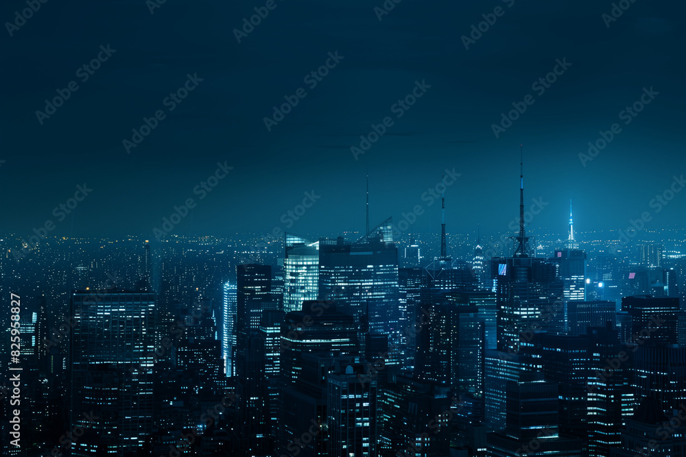 Obraz premium City Skyline at Night: Aerial View of Illuminated Skyscrapers