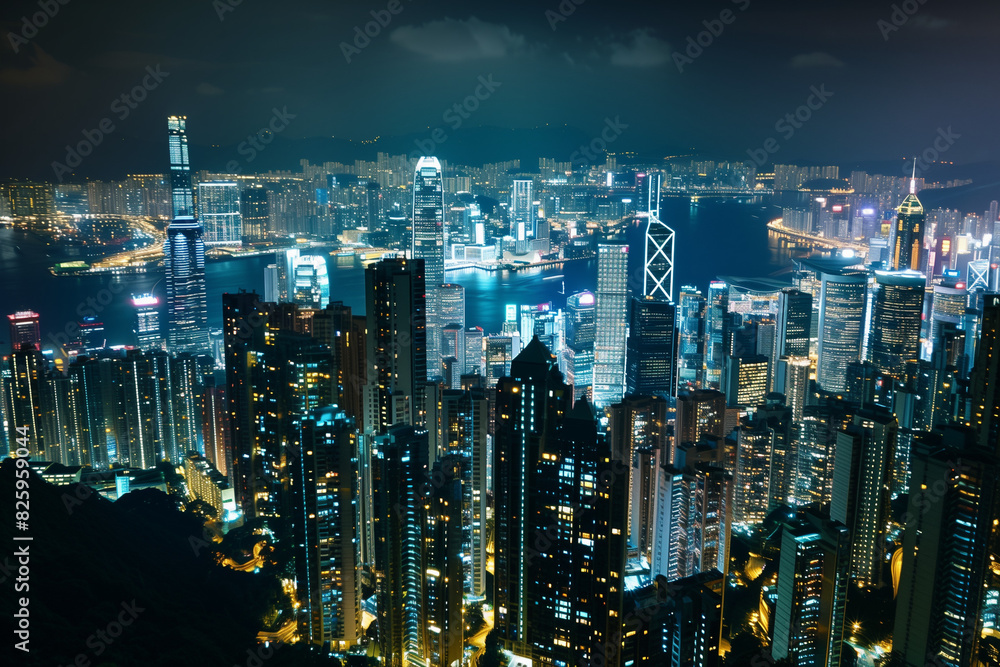 City Skyline at Night: Aerial View of Illuminated Skyscrapers